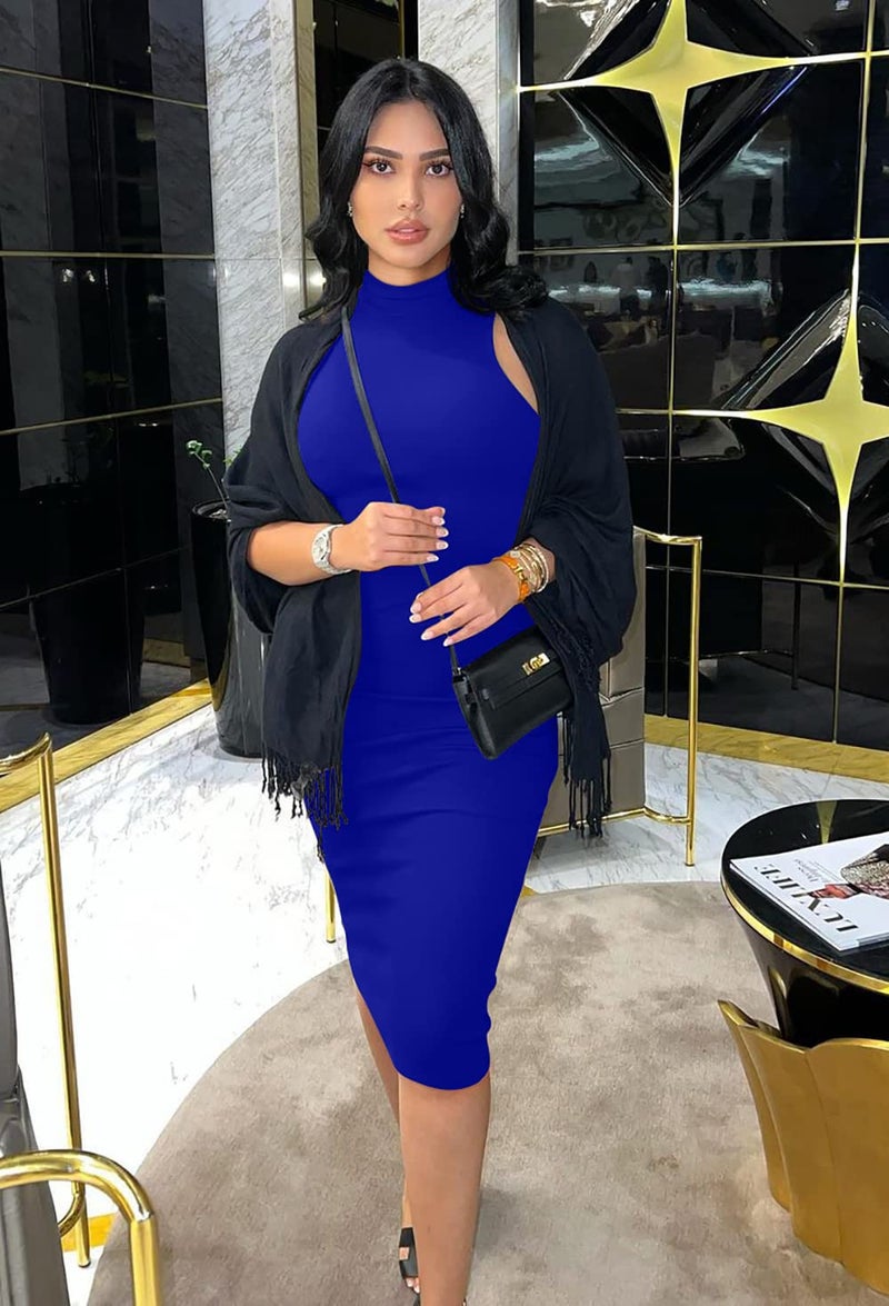 GOBLES Women's Sexy Halter High Neck Elegant Sleeveless Bodycon Midi Club Dress Royal Blue - Image 2